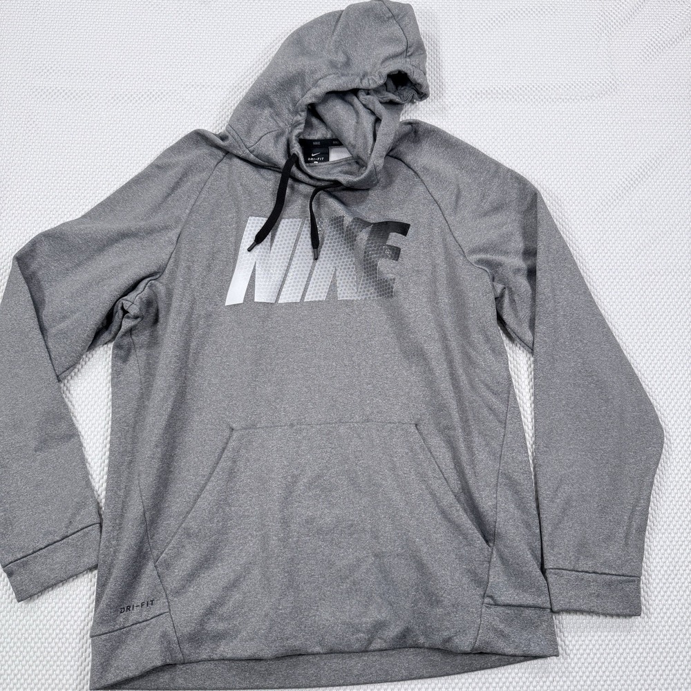 Nike Dri-FIT Pullover Hoodie Gray Big Logo Sweatshirt Men's Large